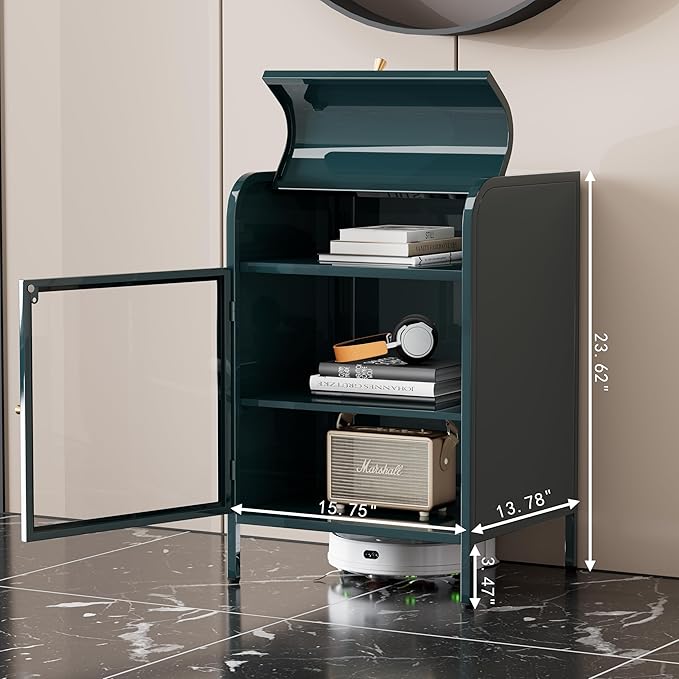 Modern Metal Side Tables, End Tables with Glass Door, 2-Tier Nightstands with Storage Shelves, Accent Table, Slim Sofa Table for Living Room, Bedroom (1, Green)