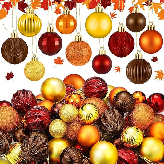 64 Pcs Fall Thanksgiving Ball Ornaments for Christmas Tree Glitter Gold Orange Brown Ornament Hanging Autumn Decoration Assorted Size Harvest Ornament for Home Indoor Decor, 1.6/1.97/2.4 Inch