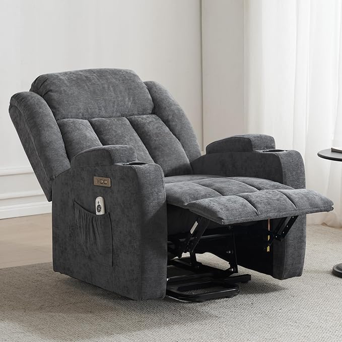 Power Lift Recliner Chair for Elderly with Massage and Heat, Recliner Chairs for Adults, Upgraded Fabric Reclining Sofa Chair with USB & Type-C Ports and Cup Holders, L1188(Grey)