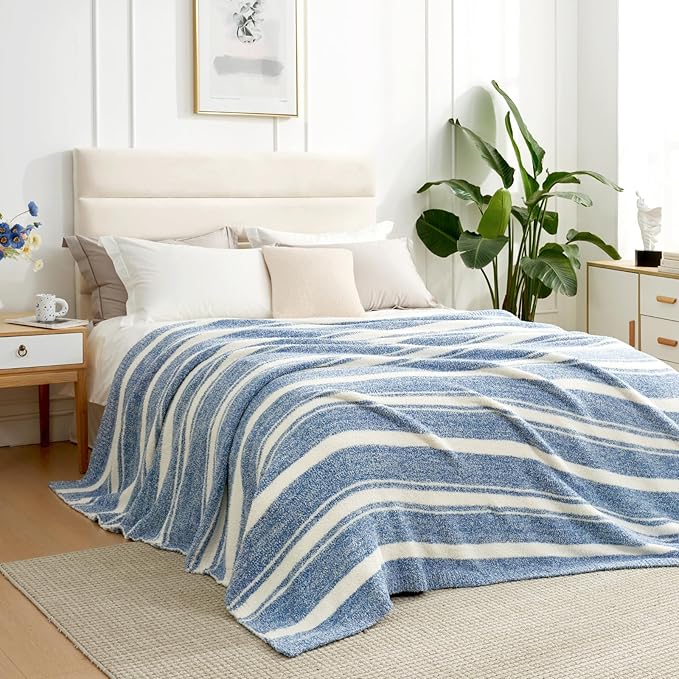 Snuggle Sac Stripe Blue Blankets Luxurious Microfiber Fabric, Reversible Super Soft Bedding Blankets Warm Cozy Knit Fuzzy Plush Blanket for Bed,Couch,Sofa,Living Room, Blue Stripe,60x80 inches