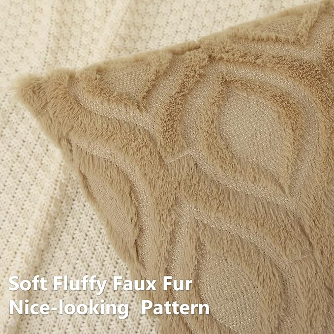 decorUhome Throw Pillow Covers 20x20 Inch Set of 2, Soft Plush Decorative Faux Fur Light Brown Solid Couch Pillow Covers, Accent Farmhouse Neutral Square Euro Pillow Cases for Sofa Bed Living Room