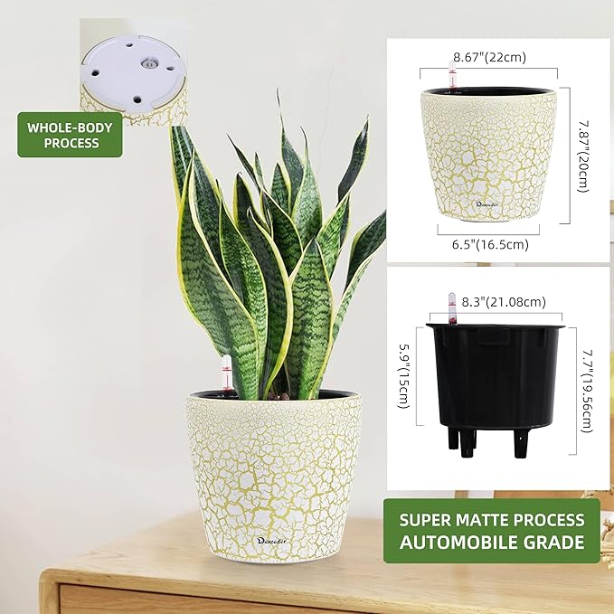 Dexceder 9x8 Inches Self Watering Planter Indoor Outdoor, Inner Pot Design, Thickened Table Flower Plant Pot with Water Level Indicator (White Gold Crackle)