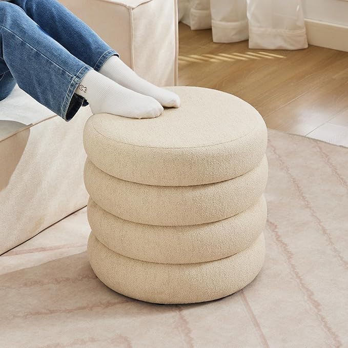 ONEVOG Round Storage Ottoman, 20" Small Ottomans Table with Removable Lid, Linen Fabric Soft Footrest Stools for Couch, Upholstered Stuffed Circle Seat for Living Room/Bedroom/Dorm/Vanity, Beige