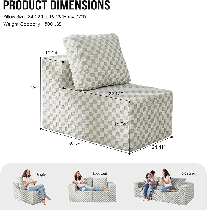 Single Sofa 1 Seat Couch with Deep Seat Memory Foam Cloud Chair with Pillows Large Sofa with L Shape for Living Room Bedroom (Plush GREYOLIVE, Single)