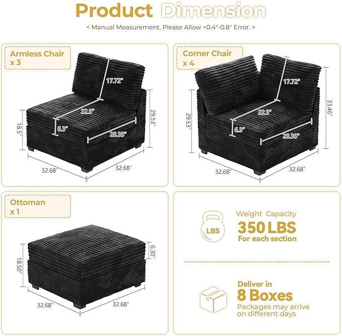 HOOOWOOO Modular Sectional Sofa,8 Pieces Sectional Couches for Living Room,131X98 G Shaped Cloud Couch with Ottoman Chaise(Black Velvet Corduroy)