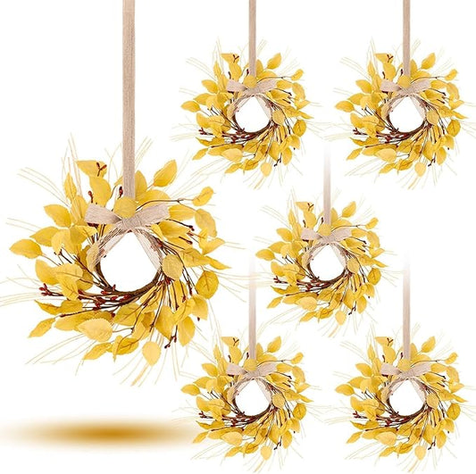 6 Pcs Fall Eucalyptus Leaves Wreaths for Kitchen Cabinets 3 Inch Front Door Mini Autumn Candle Rings Wreath with Red Berries Artificial Farmhouse Hanging Swags Wreath for Thanksgiving Window Decor