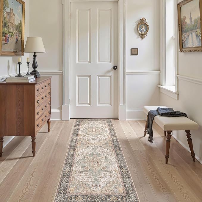 Washable 2x6 Runner Rug - Area Rugs Neutral Vintage Distressed Floral Farmhouse Boho Large Soft Floor Rug Indoor Carpet for Hallway Entryway Bedroom Kitchen - Forest Green Orange