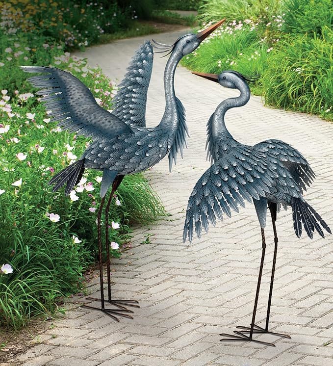 Regal Art & Gift Outdoor Garden Décor, Unique Bird Sculpture, Rustic Metal Bird Statues, Garden Ornaments, Bird Figurine for Lawn, Decorative Sculpture, Heron, Blue, Wings Up, 47"height