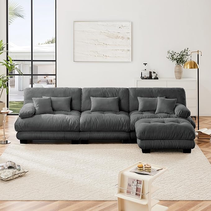 L Shaped Couch Sectional Couch, 3-Seater Cloud Couch Sectional Oversized Couch, Sofa Bed Couch with Round Bolster Armrests 5 Pillows, Modular Couch Home Sofa Living Room Couch(Gray)