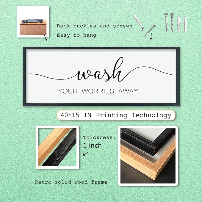 LuZhiQiang Wash Your Worries Away Sign Bathroom Wall Art Decor 40"×15" Large Wood Framed Laundry Room Funny And Artwork Wall Hanging (Black)