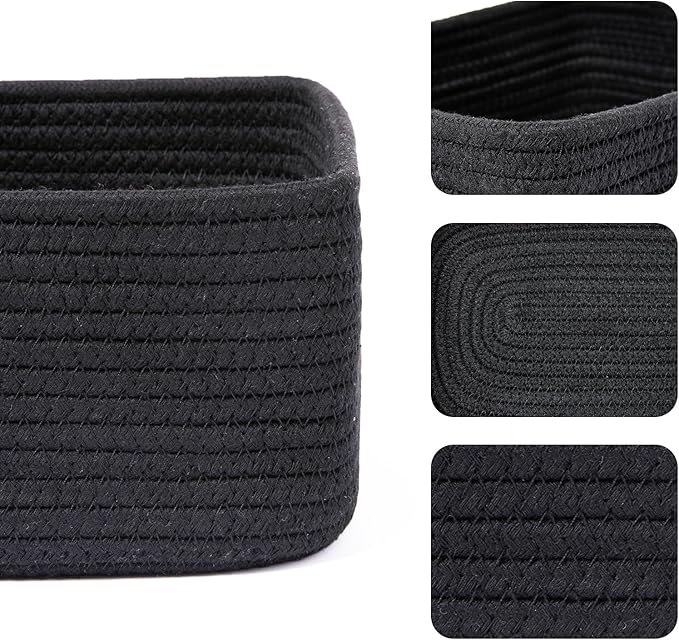 Small Storage Baskets for Organizing | Closet Organizer Bins | Shelf Toy Basket | Woven Rope Baskets | Cube Decorative Box | Shallow Basket | 11.5x7.5x4.7” | 3 Packs Black