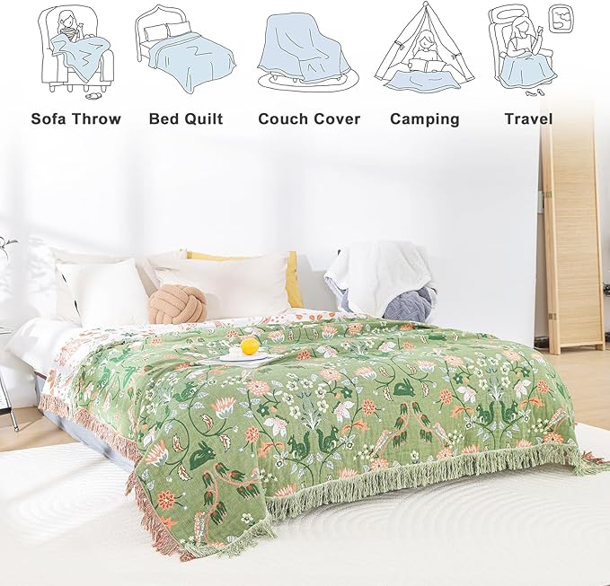 MSGKV Cotton Bed Blanket for Couch and Sofa Blankets for Living Room Bedroom Reversable Florals and Animals Throw 90"x98" Breathable Cozy Boho Blankets