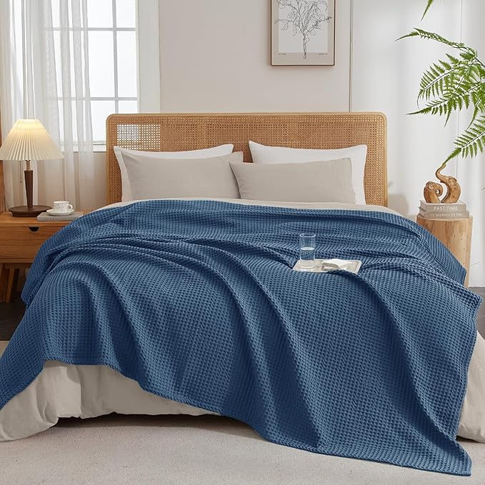 PHF Ultra Soft Waffle Weave Blanket Twin Size 66"x 90"- Washed Lightweight Breathablee Cozy Woven Blanket - Great for Couch Bed Sofa Home Car - Navy Blue