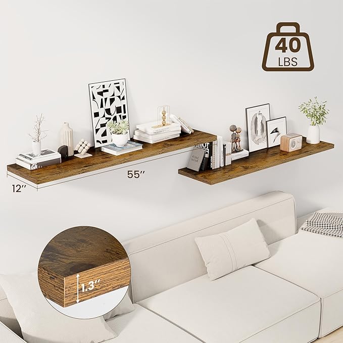 55" Floating Shelves for Wall, 12" Deep Slim Rustic Brown Floating Shelves, Wall-Mounted Shelves for Bedroom, Living Room, Kitchen, Bathroom - Set of 2
