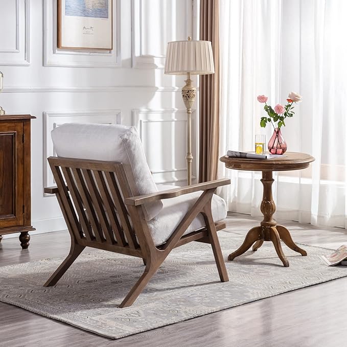 Wahson Set of 2 Mid Century Chair, Upholstered Accent Armchairs, with Wood Frame and Linen Cushions, Leisure Slipper Chair for Living Room/Bedroom, Cream