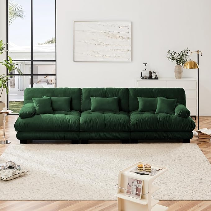 Modular Sectional Sofa, Comfy Cloud Couch 3 Seater Couch, Sectional Couches for Living Room, Modern Chenille Oversized Couches for Bedroom, Sleeper Deep Seat Sofa with Throw Pillows, Green
