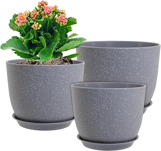 Flower Pots 9/8/7.5inch, Set of 3 Modern Decorative Plastic Planters with Drainage Holes and Saucers for Garden House Plants, Plant Pots for Indoor Outdoor Plants, Speckled Grey