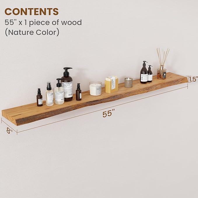 Floating Shelves for Wall Decor, Rustic Solid Elm Wood Live Edge Floating Shelves Wall Mounted, Wall Shelves with Invisible Bracket for Living Room Bathroom Bedroom Kitchen, 55 Inch, Natural