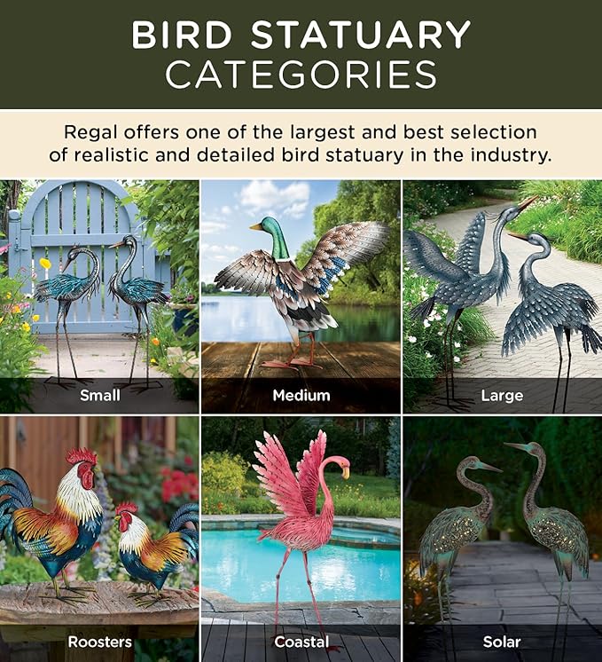 Regal Art & Gift Outdoor Garden Décor, Unique Bird Sculpture, Rustic Metal Bird Statues, Garden Ornaments, Bird Figurine for Lawn, Decorative Sculpture, Crane, Multi, Wings Up, 44" Height