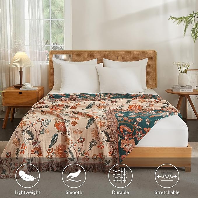 Boho Throw Blanket for Couch Sofa Bed, 100% Cotton Woven Quilt with Tassel 80”x90”, Super Soft Muslin Blanket with Floral Printed, Decorative Reversible Bed Blanket/Cover for All Seasons