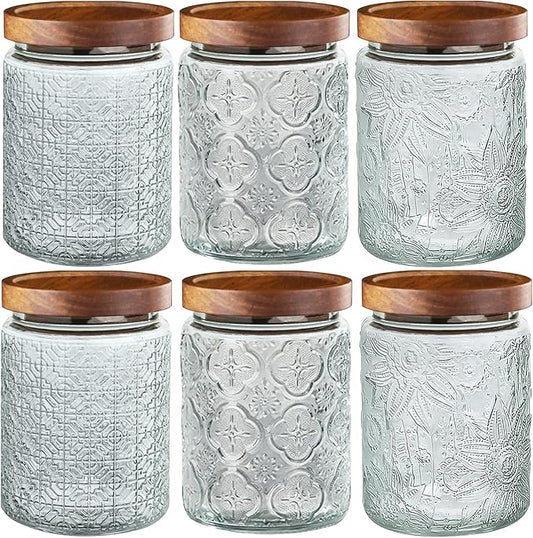 6-Pack 24 OZ Vintage Glass Jar with Lid, Airtight Food Storage Canisters with Bamboo for Kitchen Counter Pantry, Ideal for Coffee, Candy, Tea, Oats, Sugar, Cookies Decorative Jars