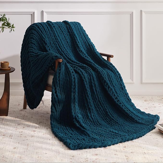 Chunky Knit Throw Blanket, 60''*80'' Knitted Throw Chenille Yarn for Bed Couch, Handmade Peacock Blue Crochet Big Thick Blanket, Machine Washable Cute Comfy Blanket for Home Decor