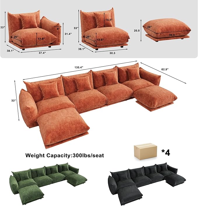 Modern Minimalist Chenille Modular Sectional Sofa, Oversized U-Shaped Couch with Movable Ottoman, Thick Cushions, Upholstered Sofa for Living Room, Bedroom, Office, Apartment Orange 2 Ottoman