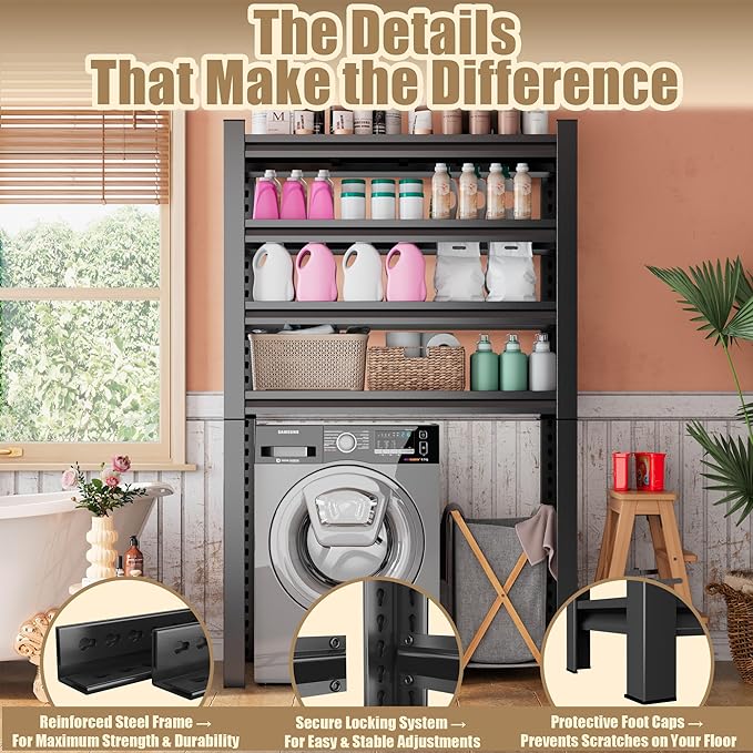 Upgraded Over The Toilet and Washer Storage Shelf,4 Tiers Laundry Room Standing Shelf,Bathroom Storage and Organizer Rack,Laundry Room Space Saver with Adjustable Shelves,39" W x 14" D x 63" H, Black
