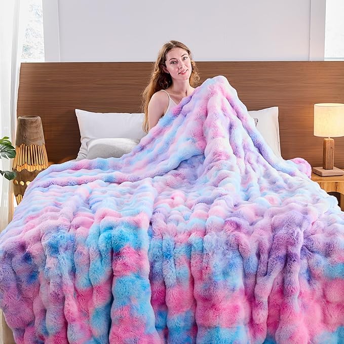 Lotus Karen Faux Fur Throw Blanket Tie-Dye Purple Rainbow - Big Bubble Rabbit Fluff Blanket for Couch, Large Fluffy Fuzzy Cozy Blanket,Thick Furry Plush Shaggy Blankets,90x90 Inches