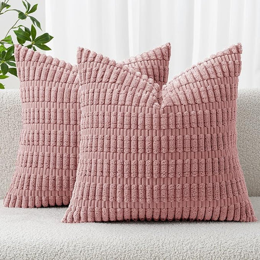 MIULEE Pack of 2 Corduroy Decorative Euro Sham Throw Pillow Covers 24x24 Inch Soft Boho Striped Pillow Covers Modern Farmhouse Home Decor for Sofa Living Room Couch Bed Blush Pink