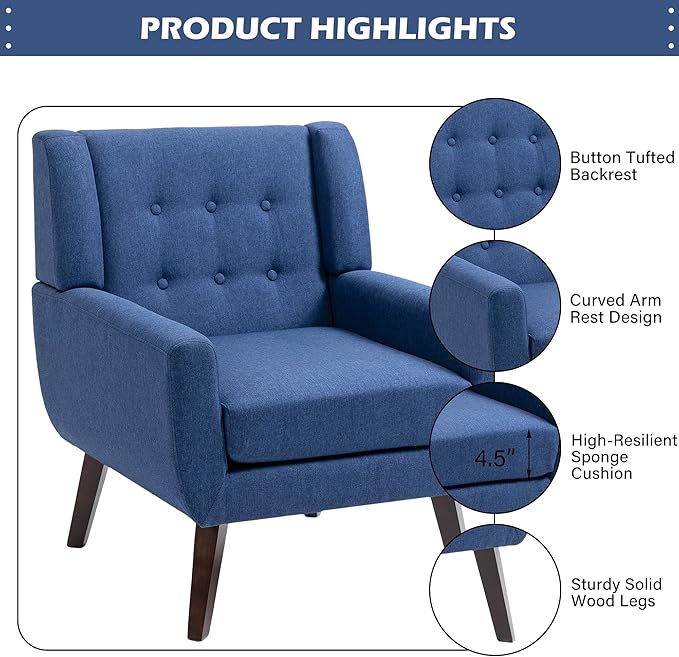 UIXE Accent Chair, Modern Upholstered Armchair in Fabric for Living Room, Comfy Club Arm Chairs Single Sofa Button Tufted Bedroom Reading Seat - Blue, Set of 4