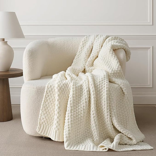 EVERGRACEHOME Chunky Chenille Knit Throw Blanket for Couch, Soft Luxurious Moss Stitch Blankets for Bed, Cozy Decorative Farmhouse Knitted Throws for Sofa, Ivory White, 60" x 80"