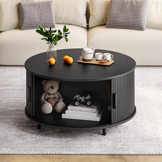 Round Coffee Table with Storage, 31.5" Modern Coffee Table with 360° Curved Sliding Door, Fluted Wood Accent Coffee Table with Adjustable Footpads, Round Center Table for Living Room, Black