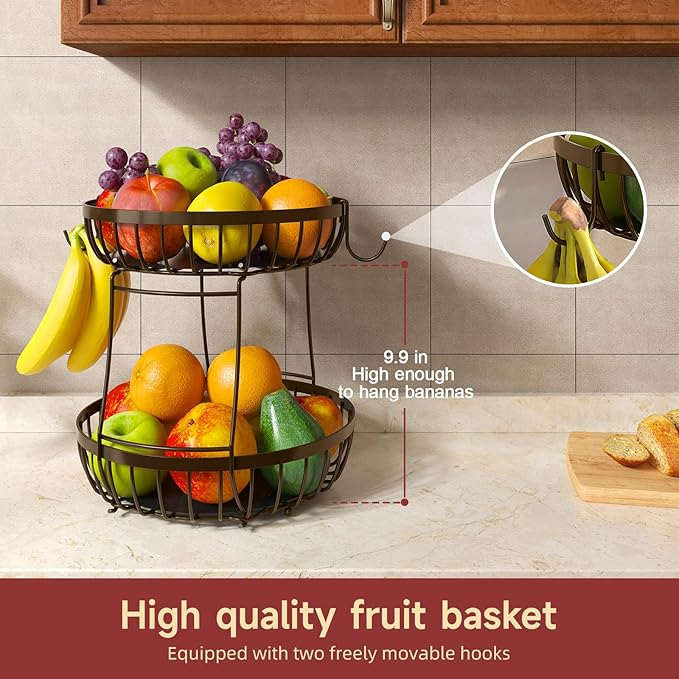 2 Tier Fruit Basket for Kitchen Counter with 2 Banana Hangers, Metal Stackable Fruit Bowl for Kitchen Counter for Bread Vegetable Fruits, Brown