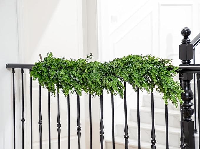 6FT Cedar Garland with Blue Berry Cypress Pine Garland Realistic for Mantle Stairs Fireplace Wall Window Front Door Indoor Outdoor Christmas Decor Xmas Decorations