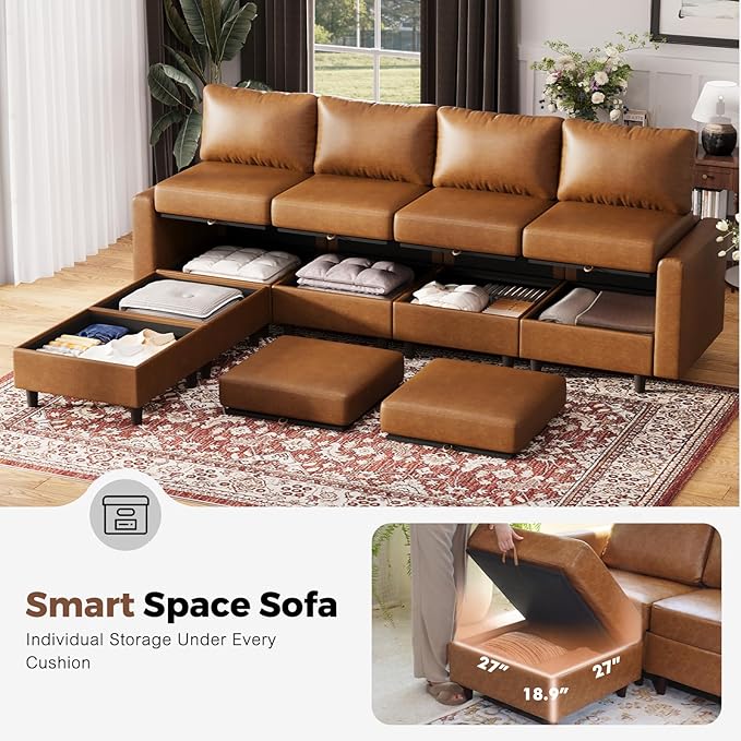 91.5" Faux Leather Modular Sectional Sofa, L Shaped Couch Set for Living Room, 3-Seater Comfy Cloud Couches with Movable Storage Ottoman,DIY Combination - Brown