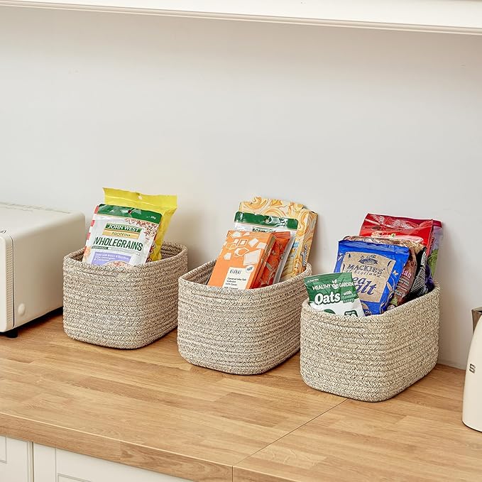 Small Cotton Rope Storage Basket Set of 3-11"x7"x7" Perfect Woven Baskets for Storage, Ideal Storage Baskets for Organizing Toys, Towels, and More - Baskets for Shelves and Home Decor（Beige）