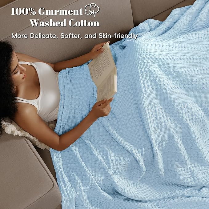 PHF 100% Cotton Waffle Weave Blanket Queen Size, Soft Lightweight Breathable Cozy Summer Blankets for Bed, Luxury Aesthetic Woven Bedding for Home Decor, 90"x90", Baby Blue