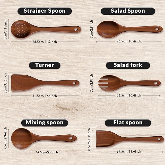 6-Piece Acacia Wood Cooking Utensil Set – Wooden Kitchen Pan Toolset for Nonstick Cookware – Includes Spoons & Spatulas – Non-Scratch, Eco-Friendly Cooking Tools – Everyday Use - Lifetime Replacements