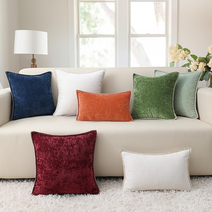 decorUhome Fall Chenille Soft Throw Pillow Covers 18x18 Set of 2, Farmhouse Velvet Neutral Decorative Euro Pillow Covers with Stitched Edge for Couch Sofa Bed Home Decor, Rust