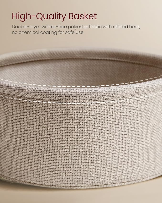 VASAGLE Side Table with Charging Station, Round End Table with Fabric Basket, Nightstand with Power Outlets, USB Ports, for Living Room, Bedroom, Modern, Matte White and Camel Brown ULET228W01