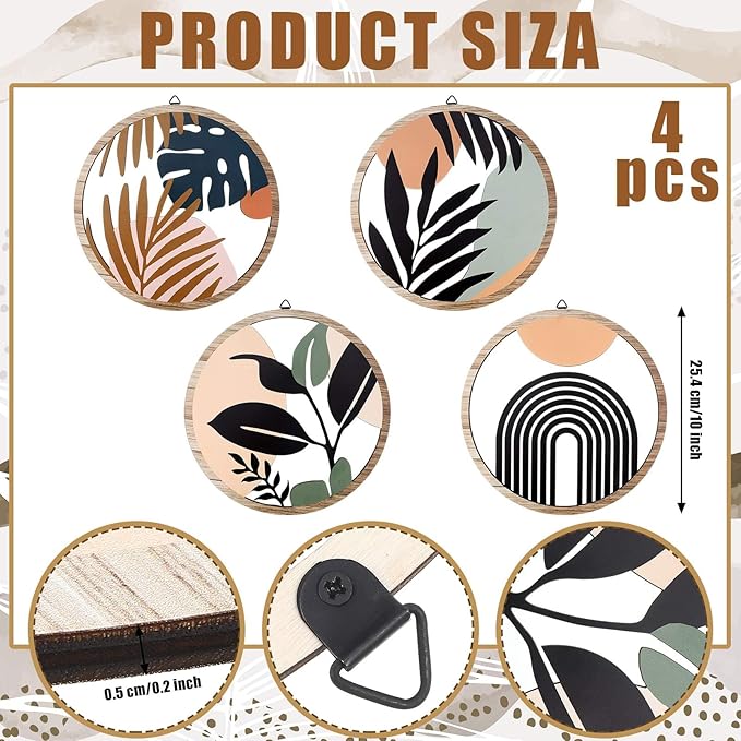 Qunclay 4 Pieces Boho Wall Art Wooden Bohemian Wall Decor Hanging Art Nursery Decor Farmhouse Geometric Hanging 10 Inch Aesthetic Wood Minimalist for Apartment Bedroom(Elegant)