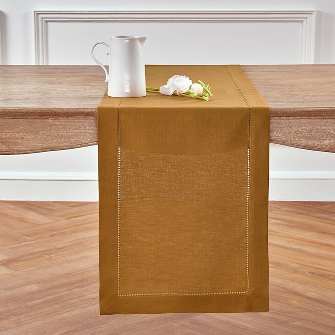 Solino Home Linen Brown Sugar Table Runner 108 Inches Long - 100% Pure Linen 14 x 108 Inch Table Runner for Fall, Autumn, Thanksgiving - Classic Hemstitch