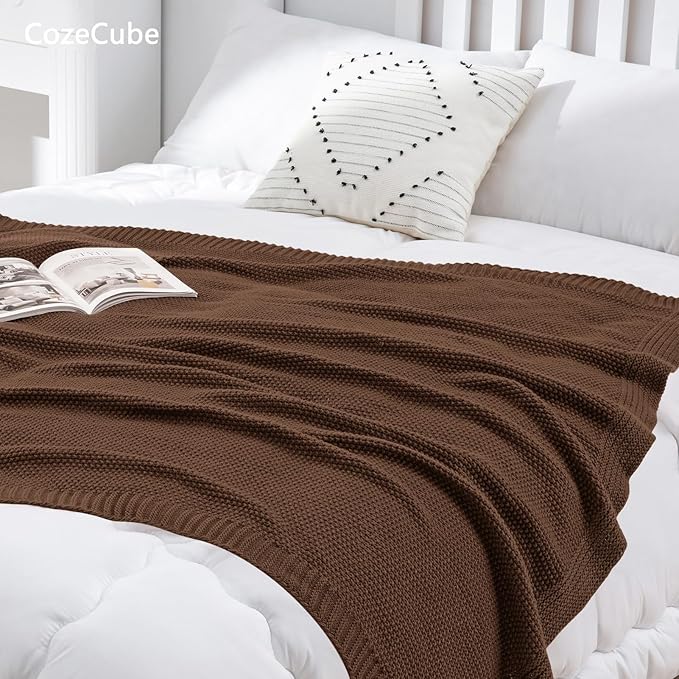 CozeCube Brown Throw Blanket for Couch, Soft Cozy Cable Knit Throw for Bed Sofa Living Room, Lightweight Warm Decorative Farmhouse Christmas Blanket, 60"x80", Dark Brown