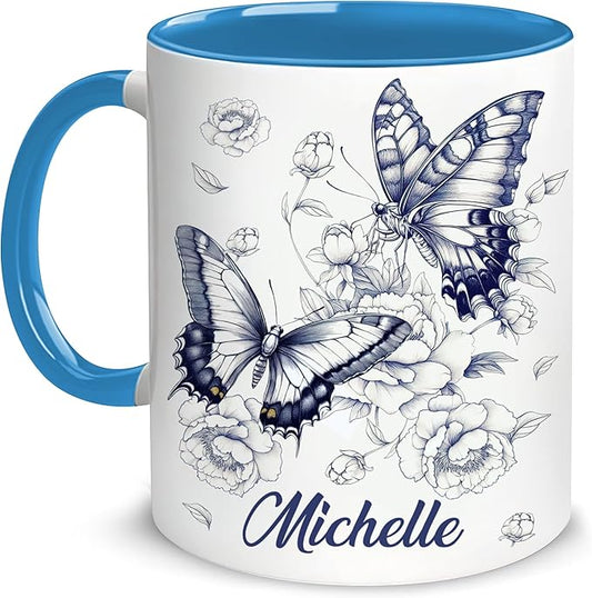 Hyturtle Personalized Blue Butterfly Mug - Butterfly Gifts For Women Lovers - Animal Gift For Bird Lover Her - Bird Gifts For Mom on Mother Day - Custom Name Coffee Cup Ceramic Mug 11 Oz 15 Oz