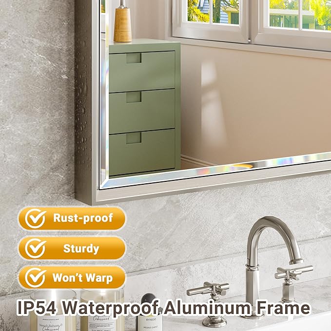 60 x 36 Brushed Nickel Bathroom Mirror, Beveled Framed Rectangle With Anti-Rust Frame, Shatterproof, Vertical/Horizontal Wall-Mounted
