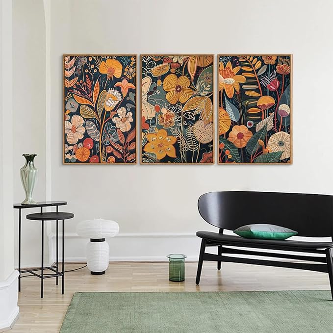 SIGNINART Boho Botanical Framed Canvas Wall Art Set of 3, Mid Century Modern Wall Decor, Burnt Orange Floral Artwork, Neutral Flower Plant Art Prints for Bedroom Living Room Office 24"x36"x3