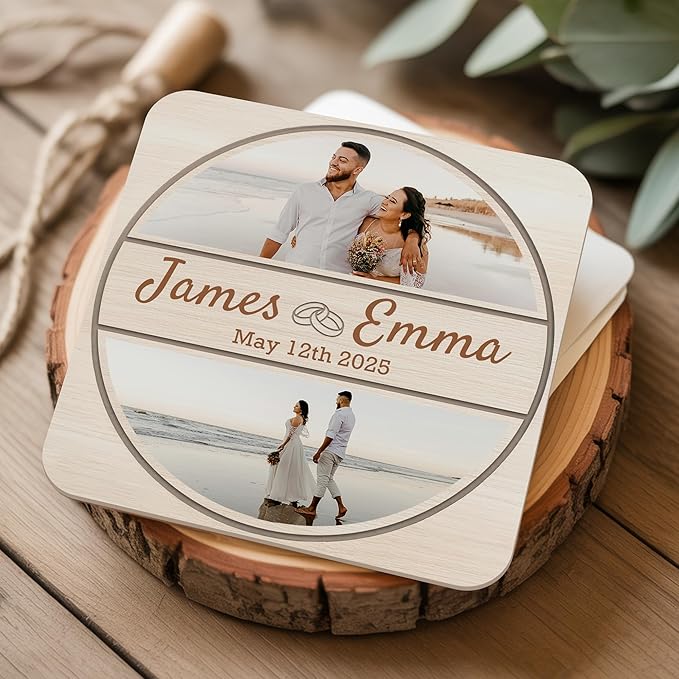 60 Pack Personalized Wedding Coasters, Custom Cardboard Coasters for Drinks with Photo Print and Text, Keepsake Wedding Favors and Gifts for Couples, 4x4 Square, Design 5