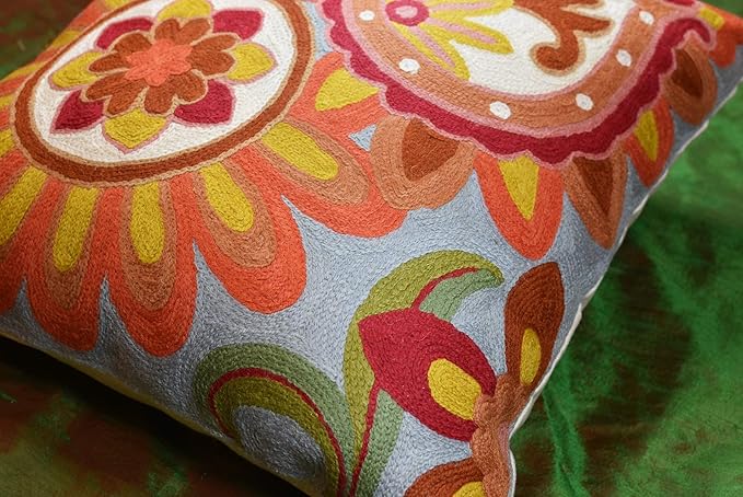 Soft Turquoise Hand Embroidered Floral Pillow Cover Flower Pillows Loral Outdoor Pillowcase Suzani Cushions Flower Chair Cushion Hand Embroidered Wool Size 18x18