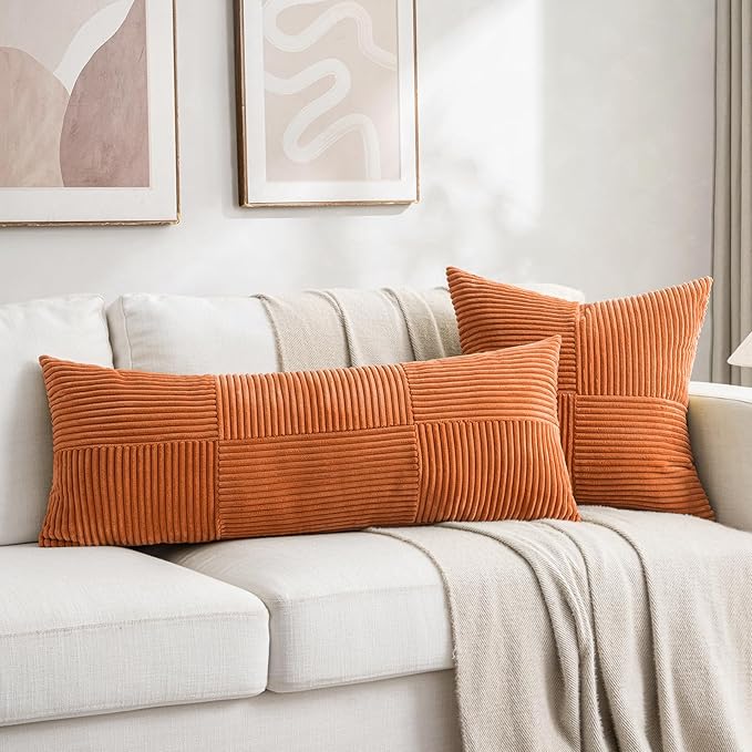 Fancy Homi 2 Packs Burnt Orange Decorative Throw Pillow Covers 22x22 Inch for Living Room Couch Bed, Rustic Farmhouse Boho Home Decor, Soft Corss Corduroy Patchwork Accent Square Cushion Case 55x55 cm